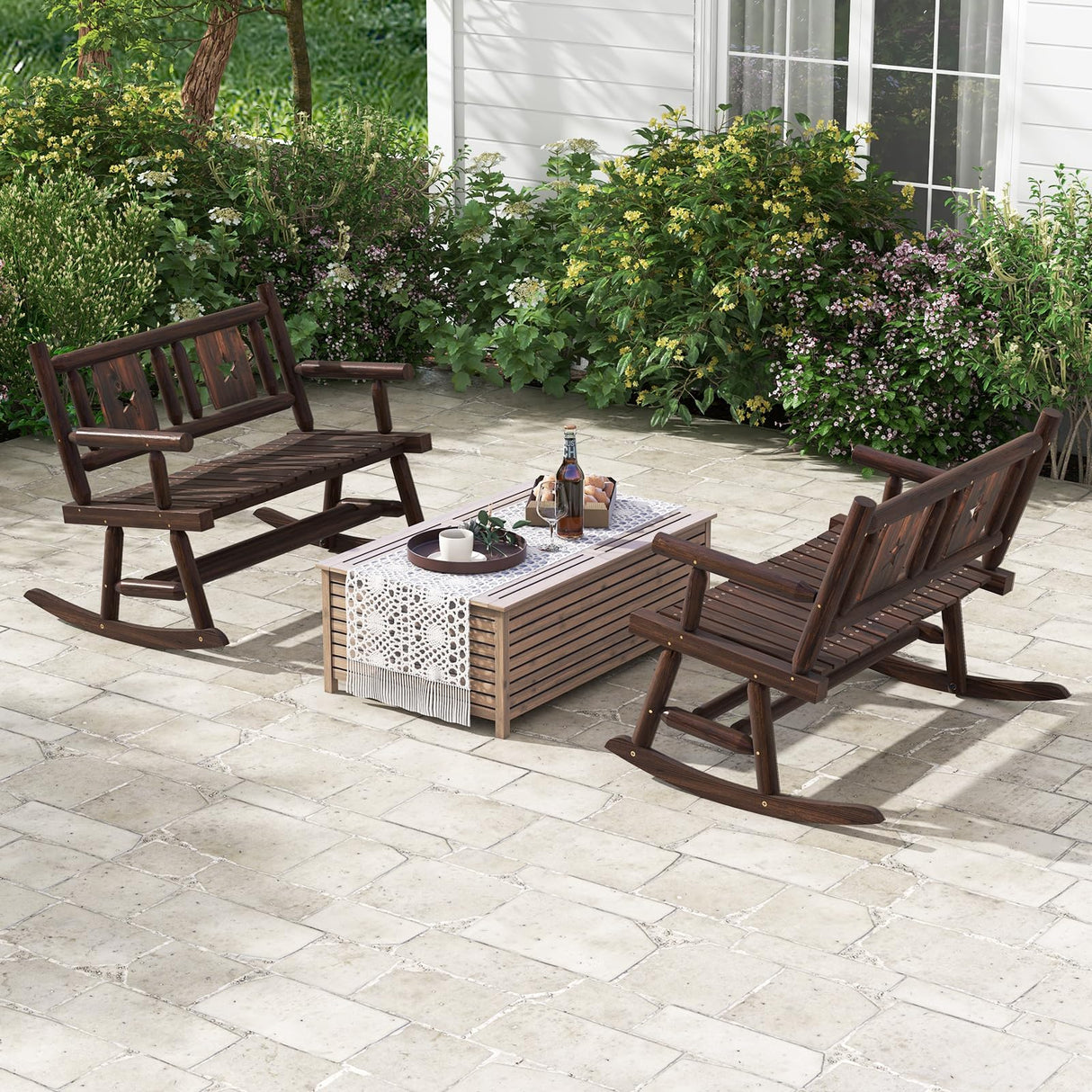 Tangkula Rustic Brown Double Rocking Loveseat for Outdoor Relaxation Tangkula