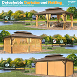 EROMMY 12'x18' Gazebo Hardtop, Galvanized Steel Double Roof Metal Gazebo with Aluminum Frame, Permanent Outdoor Pavilion with Curtain and Netting for Patio, Lawn and Garden EROMMY