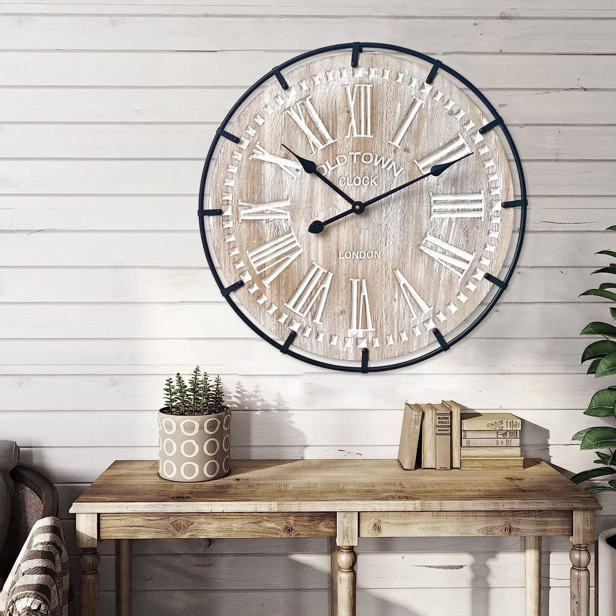 EMAX HOME 24 Inch Large Farmhouse Wall Clock, Rustic Antique Wood with Metal Circle and Large Engraved Numerals, Silent Battery Operated Wall Clock for Office Kitchen Bedroom Living Room EMAX HOME