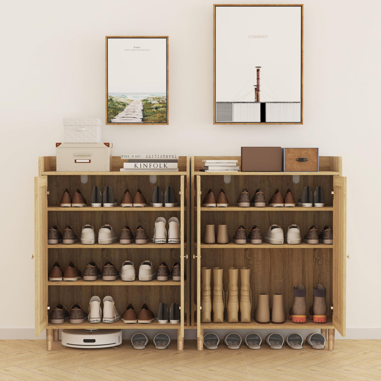 Shoe Cabinet - Rattan Shoe Cabinet for Entryway, Shoe Storage Cabinet with Adjustable Shelves, Natural Shoe Cabinet, Farmhouse Freestanding Wood Shoe Rack Organizer for Closet, Living Room, Hallway IANUE