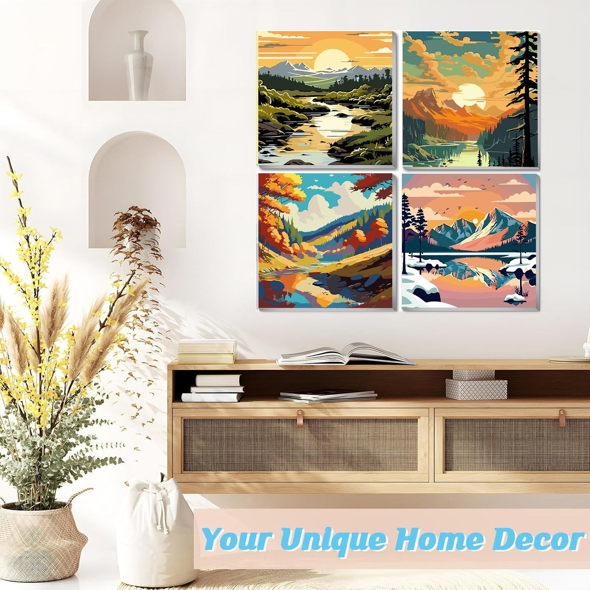 4 Pack Framed Paint by Numbers Kit for Adults 12x12inch-Landscape Paint by Numbers Kit with Framed, DIY Painting by Number with Canvas Oil Painting for Gift Home Wall Decor (30x30cm, without Easel) ajepon