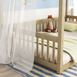 jurmiture Natural Wood Full Size Canopy Floor Bed with Guardrails for Kids jurmiture