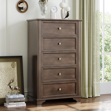 VINGLI 47" Tall Dresser 5 Drawer Chest of Drawers, Wood Dresser for Bedroom, Brown Chest Dressers Wooden VINGLI