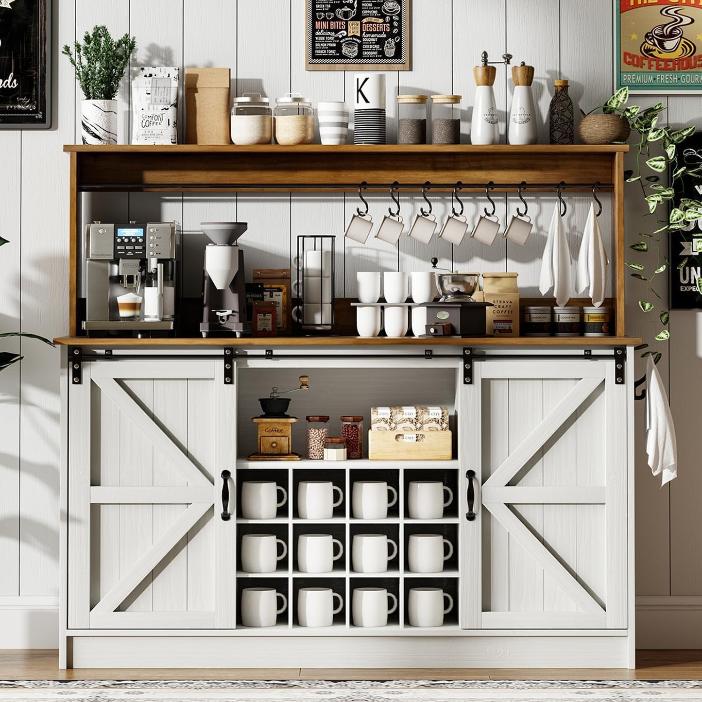 4ever2buy Farmhouse Coffee Bar Cabinet with 8 Hooks, 55” Kitchen Hutch Cabinet with Storage, White Coffee Bar with Sliding Barn Doors, Wine Bar Cabinet with 12 Racks for Living Dining Room