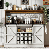 4ever2buy Farmhouse Coffee Bar Cabinet with 8 Hooks, 55” Kitchen Hutch Cabinet with Storage, White Coffee Bar with Sliding Barn Doors, Wine Bar Cabinet with 12 Racks for Living Dining Room 4ever2buy
