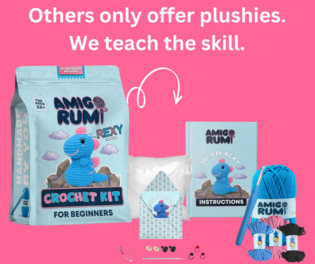 Amigo Rumi Cute Dinosaur Beginners Crochet Kit - Learn How to Crochet Starter Kit - 3+ Hours of Video Tutorials & Crocheting Book - Easy to See Yarn - Amigurumi Stuffed Animal for Kids 12+ & Adults Amigo Rumi