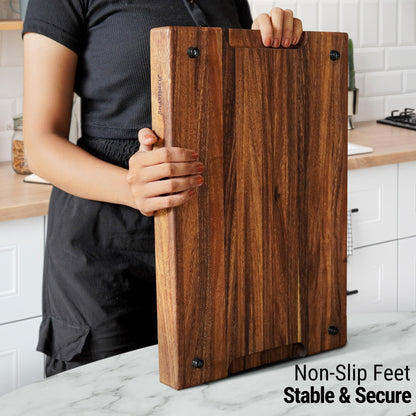 Shumaru 2-Inch Thick Large Butcher Block Cutting Board – 18.8" x 12.3" Made of Premium Tropical Walnut | Non-Slip Feet, Juice Groove & Handles