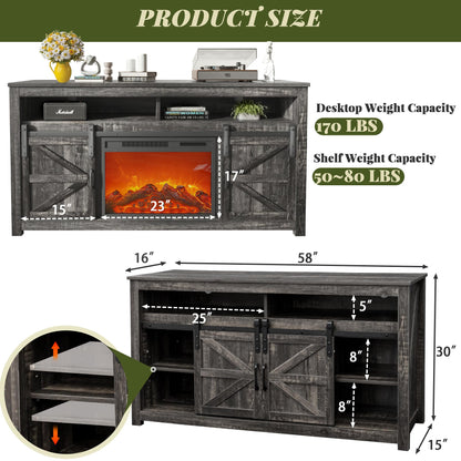 SENSWEET 58" Farmhouse TV Stand with Fireplace, Entertainment Center w/Sliding Barn Door, Rustic Media Console with 2 Storage Shelves, Wood Television Stand for Living Room,Dark Rustic Oak