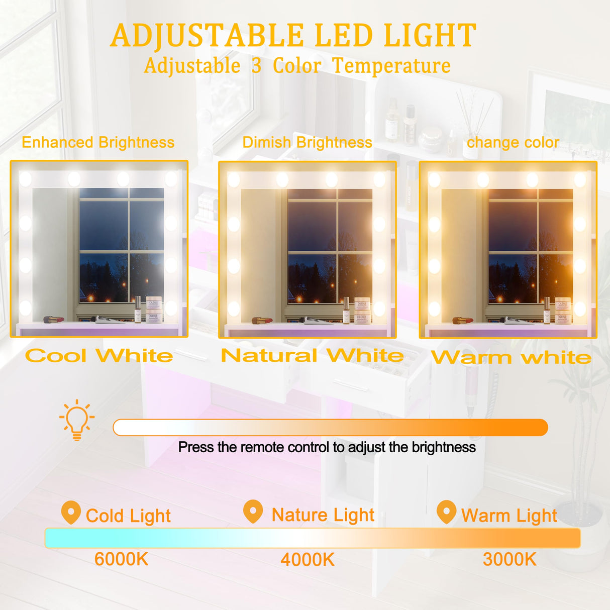 HuaYing White Vanity Desk with Mirror and Lights, Vanitys with Glass Top & Power Outlet, Dressing Table with 36 Lighting Modes Brightness Adjustable RGB Drawers, for Women Girls Bedroom HuaYing