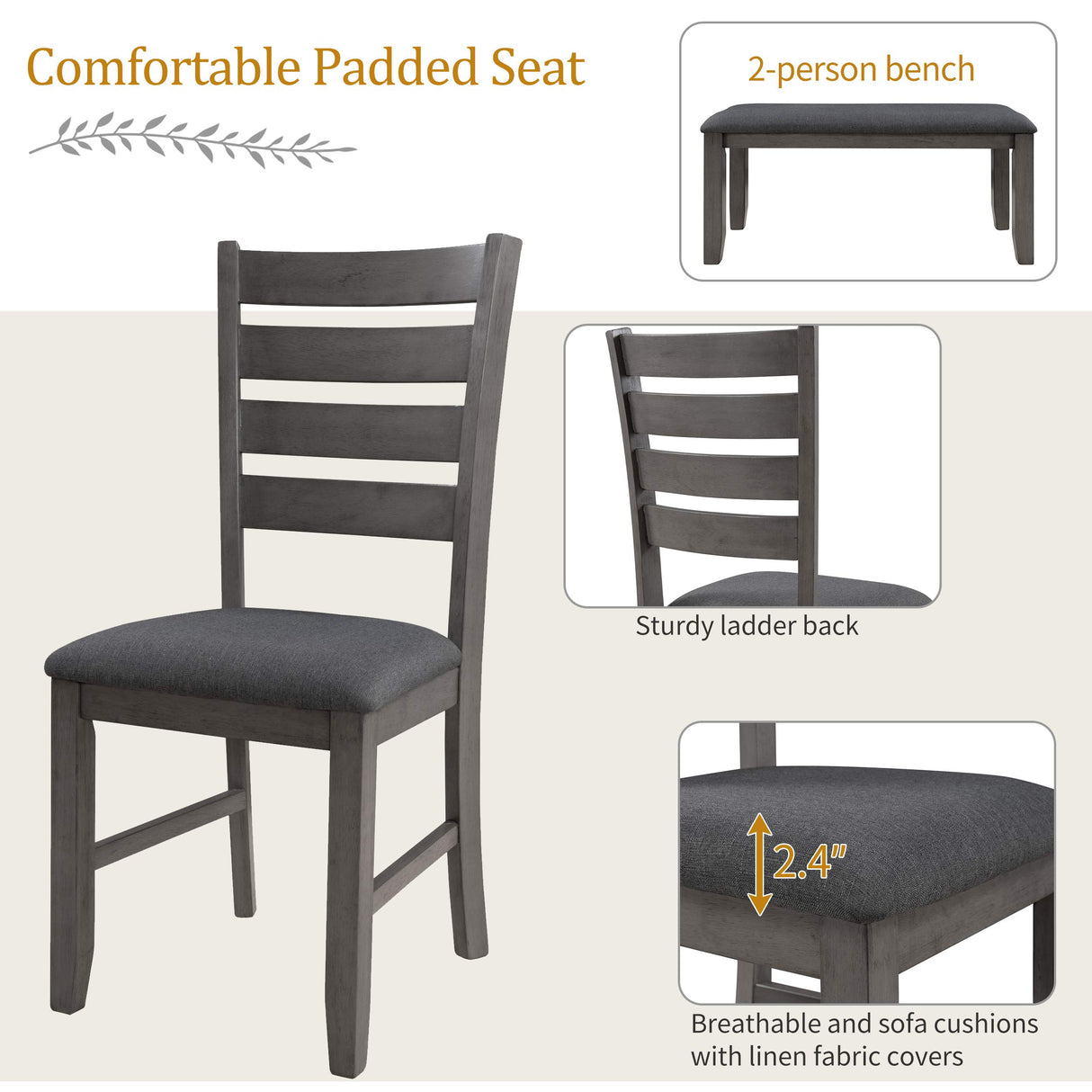 Harper & Bright Designs 6 Pieces Wooden Dining Table Set, Rectangle Table and 4 Chairs with Bench with Cushion, Kitchen Table Chairs Set for 6 Persons, Dining Room Set (Gray) Harper & Bright Designs