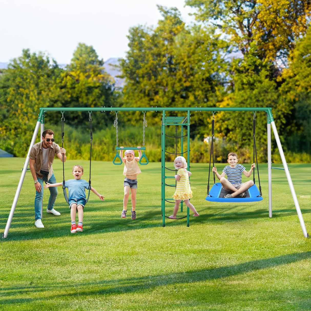 Hapfan Swing Sets for Backyard with Monkey Bars, Belt Swing, Platform Swing, Climbing Net, Trapeze Bar, Outdoor Playset for Kids Hapfan