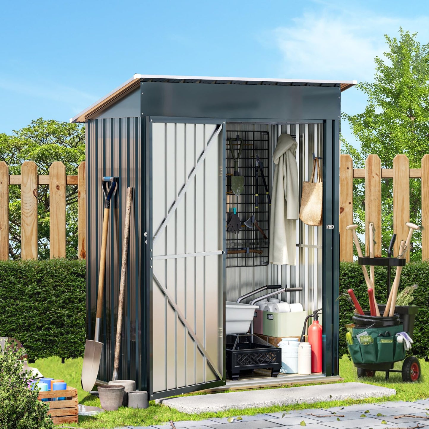 5x3FT Vertical Outdoor Steel Storage Shed with Floor Frame, Lockable Doors, Compact Metal Tool Shed for Garden, Backyard, Patio, Utility, and Bike Storage