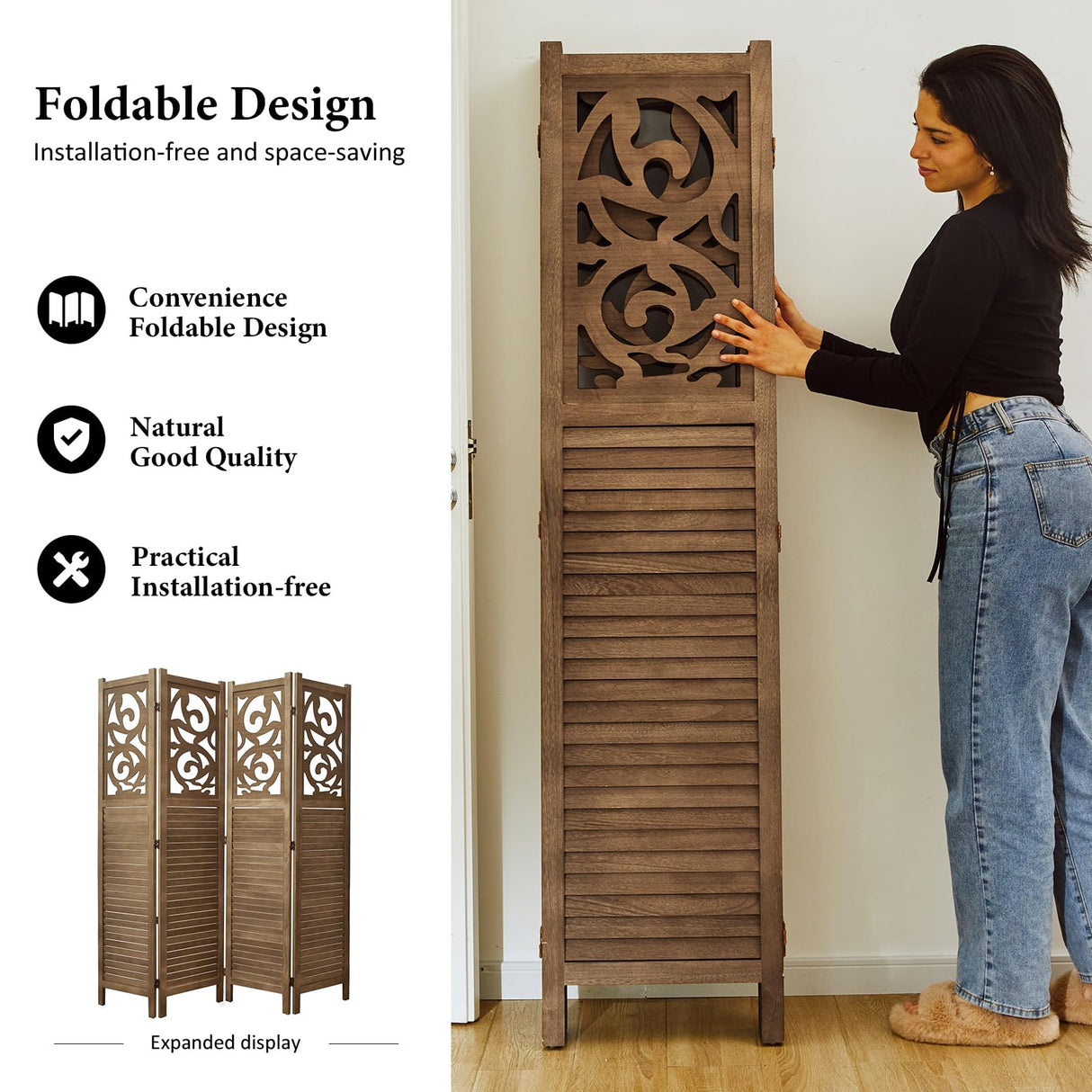 Room Divider Wood Carved Wall Divider Indoor Folding Portable Partition Screen for Home Office Garden Terrace - 4 Panel, 67 * 60inch (Dark Brown) Svimi
