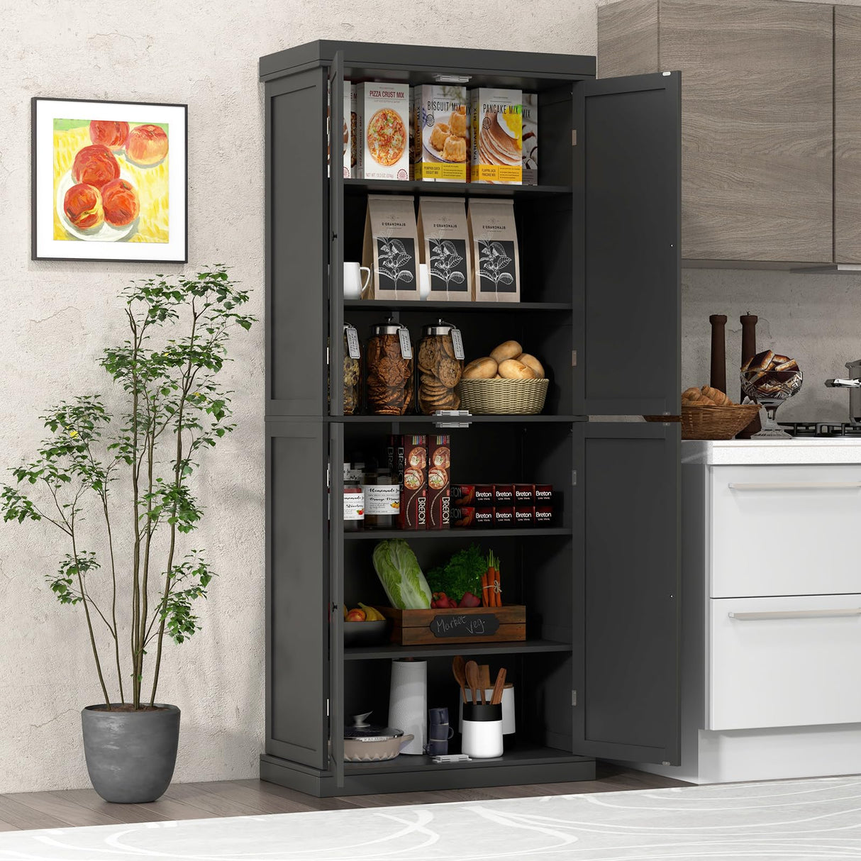 Giantex 4 Door Kitchen Pantry, 72.5” Tall Buffet Cabinet, Freestanding Modern Storage Cabinet Organizer w/ 6-Tier Shelves, 2 Adjustable Shelves, Floor Cupboard for Dining Room, Living Room (Black) Giantex