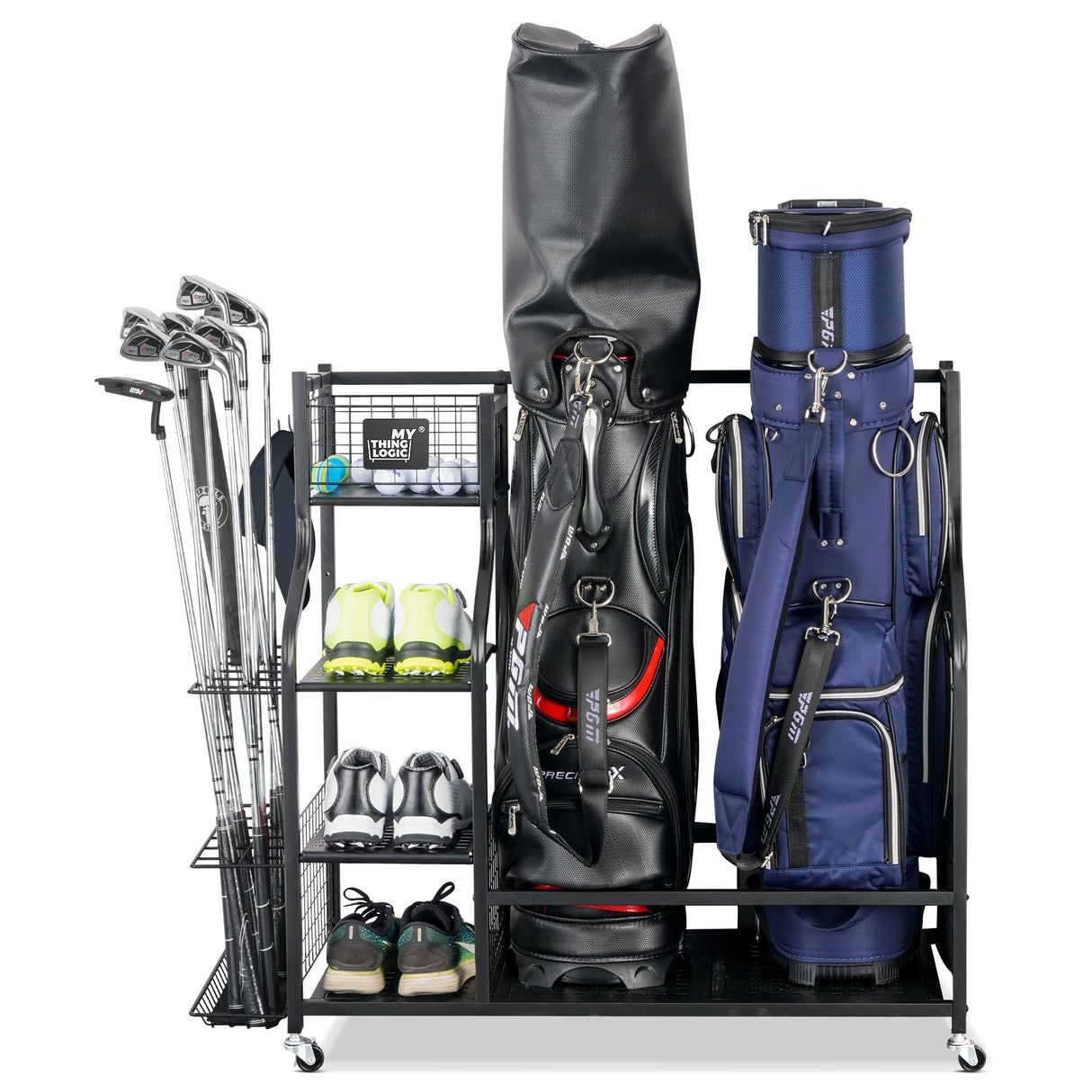 Mythinglogic Golf Storage Garage Organizer,Golf Bag Storage Stand and Other Golfing Equipment Rack,Extra Large Design for Golf Clubs Accessories,2 golf bag rack Mythinglogic