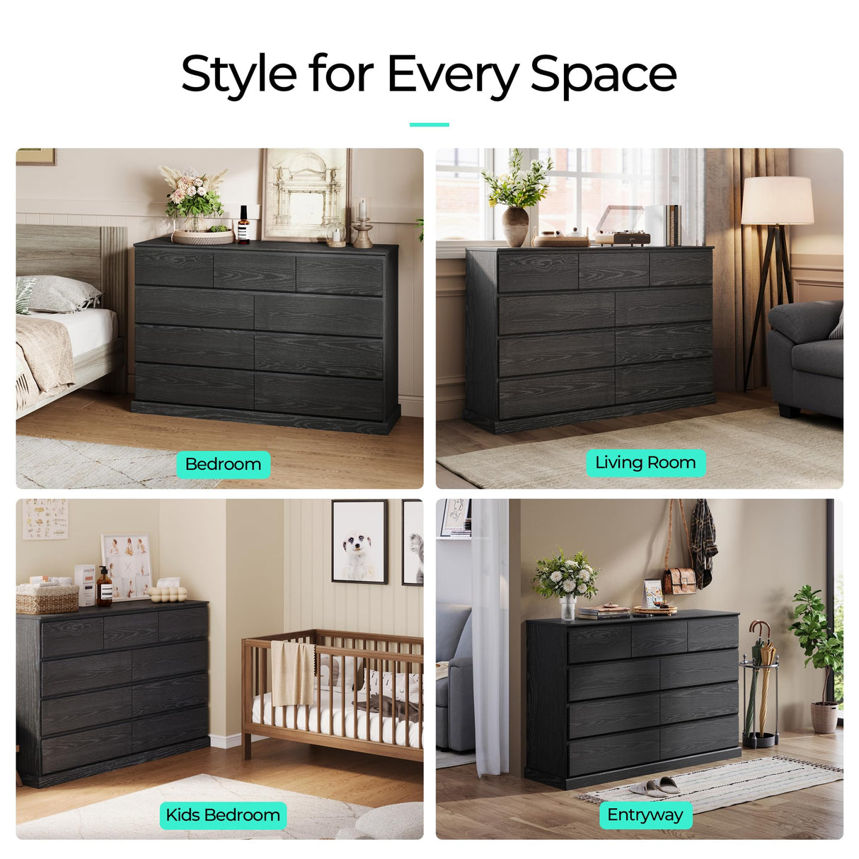 LINSY HOME 9 Drawer Dresser for Bedroom, 53" Wide Chest of Deep Drawers, Modern Farmhouse Wood Dressers with Storage, Large Drawer Organizer for Bedroom, Living Room, Handless Design, Black LINSY HOME