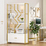 Keyluv 76" Tall Gold Bookshelf with Cabinet Storage, Multifunctional Open Display Bookcase with Door, Large Book Shelf Organizer for Living Room, Home, Office, Heavy Duty Metal & Wood, Modern White Keyluv