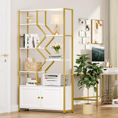 Keyluv 76" Tall Gold Bookshelf with Cabinet Storage, Multifunctional Open Display Bookcase with Door, Large Book Shelf Organizer for Living Room, Home, Office, Heavy Duty Metal & Wood, Modern White Keyluv