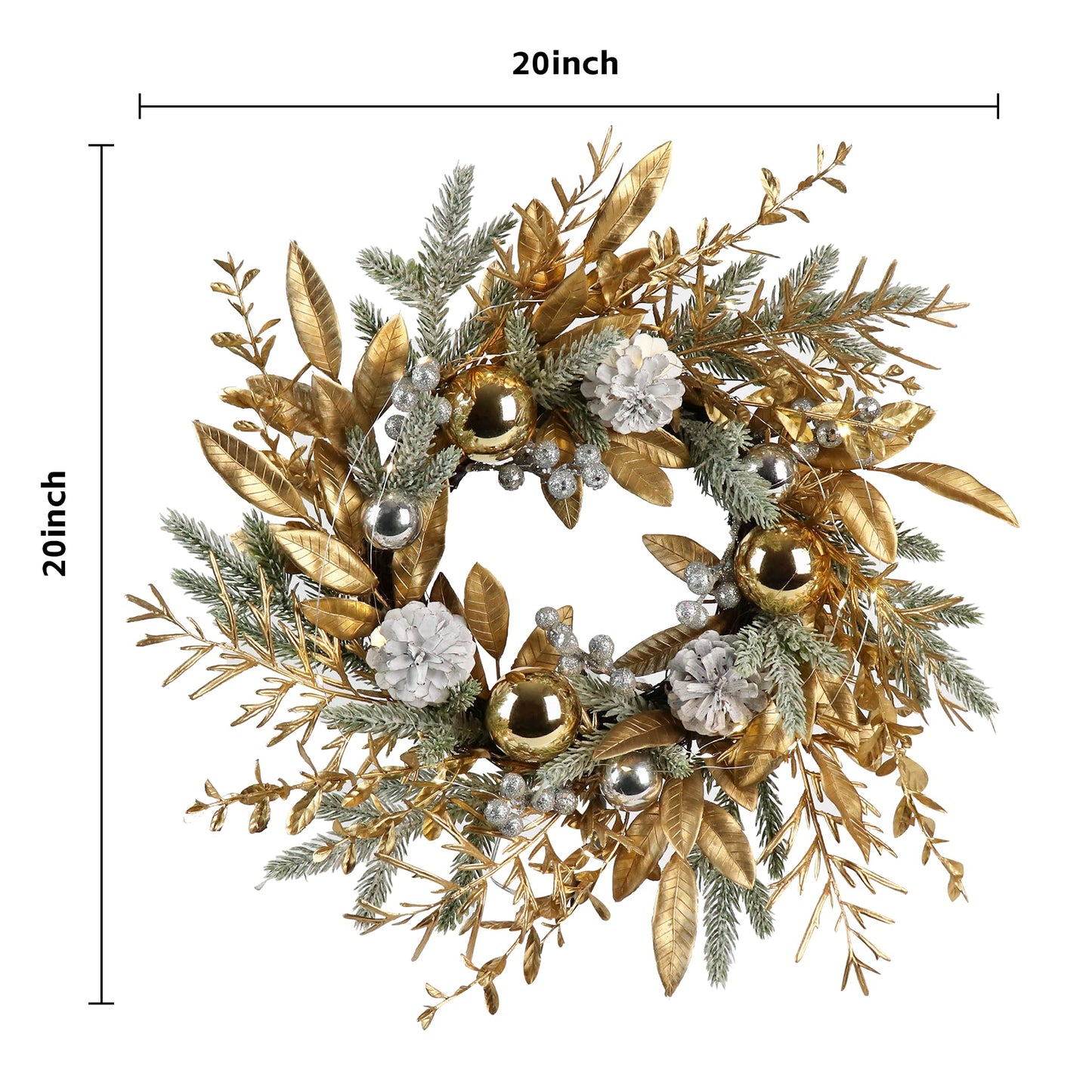 Zavothy Christmas Wreath 20 Inch Christmas Door Decorations Wreath with Warm Lights,Christmas Balls, Pine Cones, Golden Twigs, Pine Needles and Silver Berries for Door Window Outdoor Home Decoration