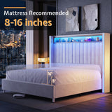 Jocisland King Platform Bed Frame with LED Lights, USB Charging Ports, Tall Velvet Headboard with Wingback Storage, No Box Spring Needed, Easy Assembly, Cream Jocisland
