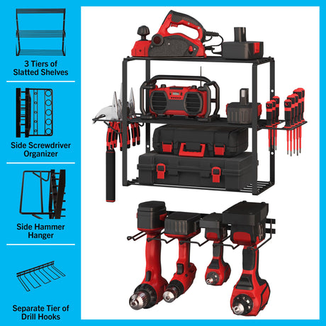 Power Tool Organizer - 4-Tier Garage Shelving Unit with 140lb Max Capacity - Wall Mount Garage Storage System for Tools by Stalwart Stalwart