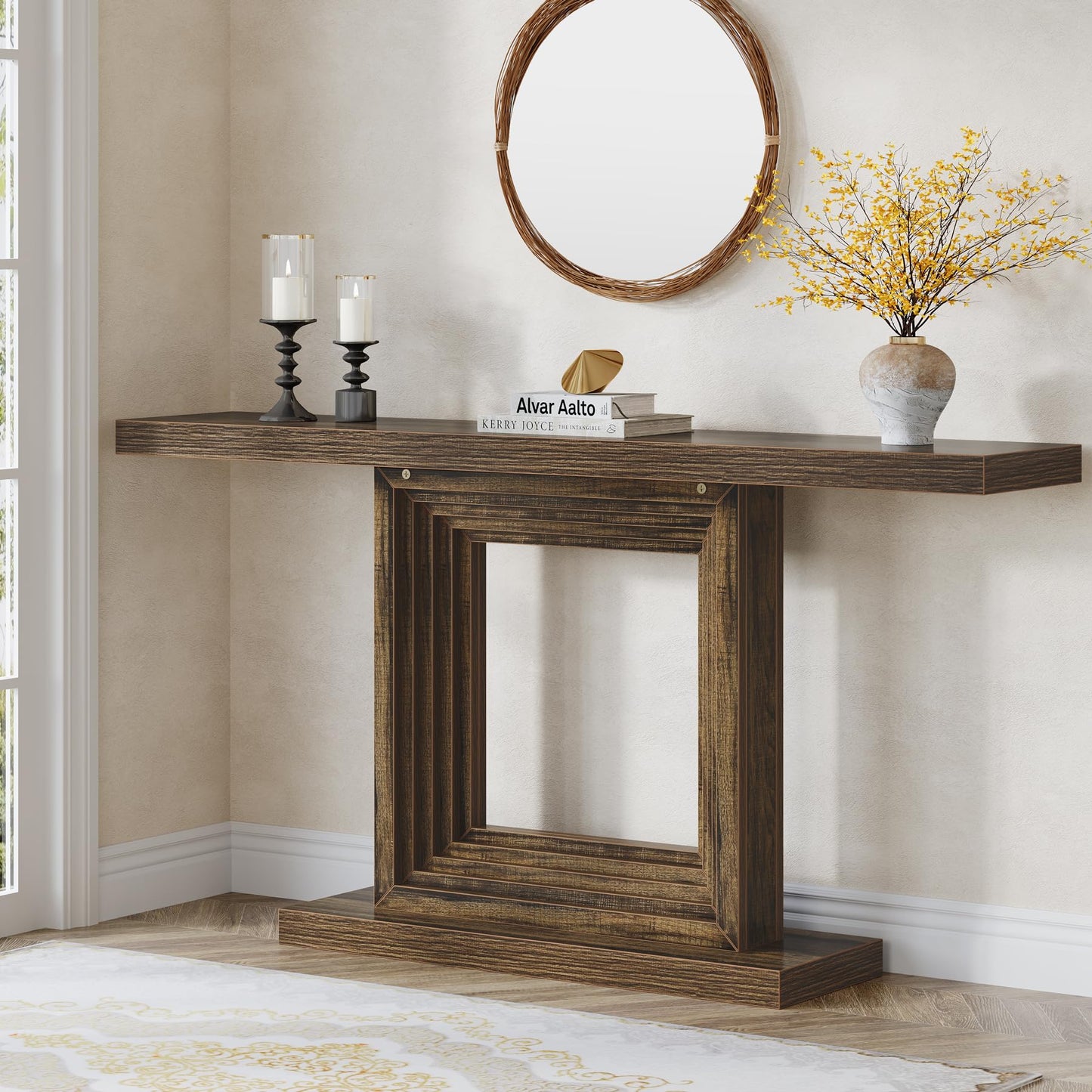 Tribesigns 55-Inch Console Table for Entryway, Farmhouse Hallway Foyer Table with Unique Square Cutout Base, Long Wood Console Table for Living Room, Entrance, Brown - WoodArtSupply