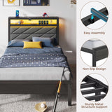 Seventable Bed Frame Twin Size with Charging Station, LED Bed with Upholstered Storage Headboard, Metal Platform Bed with Under Bed Storage, No Box Spring Needed, Noise Free, Easy Assembly, Grey Seventable