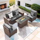 VONZOY 5 Piece Patio Furniture Set with Fire Pit Table, Outdoor Sectional Conversation Sets Brown Wicker Rattan Sectional Sofa for Patio Garden Backyard, 4'' Thickened Cushion Dark Grey VONZOY