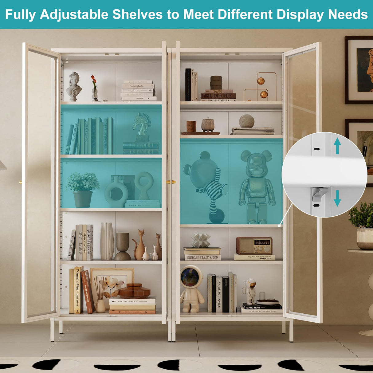 Desirable Life 5 Tier Glass Display Cabinet with 13 Color LED Lights, 67" Lighted Curio Cabinet with Glass Doors & Adjustable Shelves, Tall Metal Display Case for Collectibles Figures- White Desirable Life