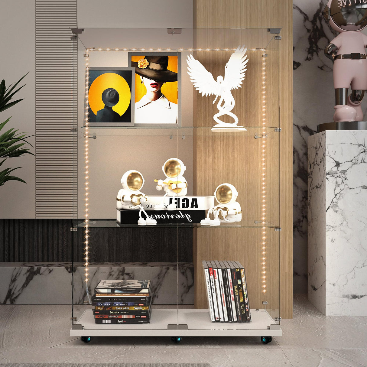 49.73" Tall Glass Display Cabinet with LED Lights&Rolling Wheels, Curio Glass Cabinet with 3 Shelves with 2 Door, Quick-Install Style Floor Standing Bookshelf File Cabinet for Home Office Kootlena