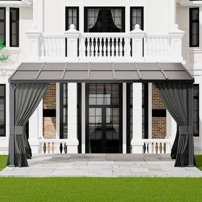 ASJMR 10x14FT Gazebo, Hardtop Wall Mounted Gazebo with Sloping Sun Panel Roof, Awnings for Patio with Metal Frame, Double Curtains for Garden, Lawn, Backyard Deck, Sand