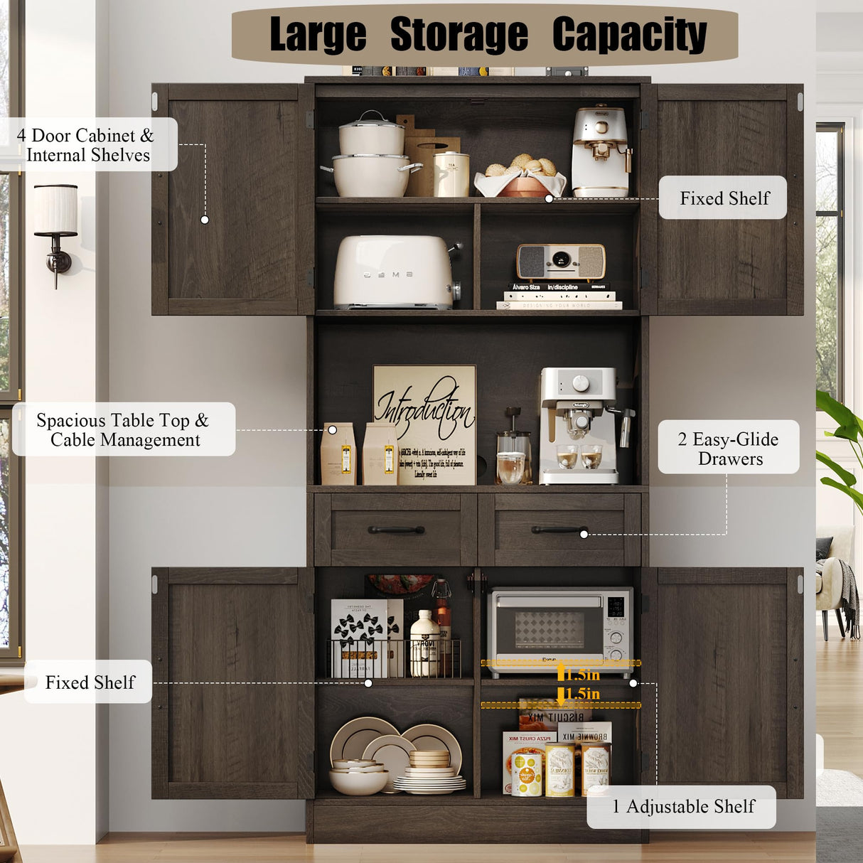 HOSTACK 71“ Tall Kitchen Pantry Storage Cabinet, Modern Kitchen Hutch Bar Cabinet with Microwave Stand, Wood Buffet Sideboard with Hutch, Cupboard with Drawers, Shelves for Dining Room, Dark Brown HOSTACK