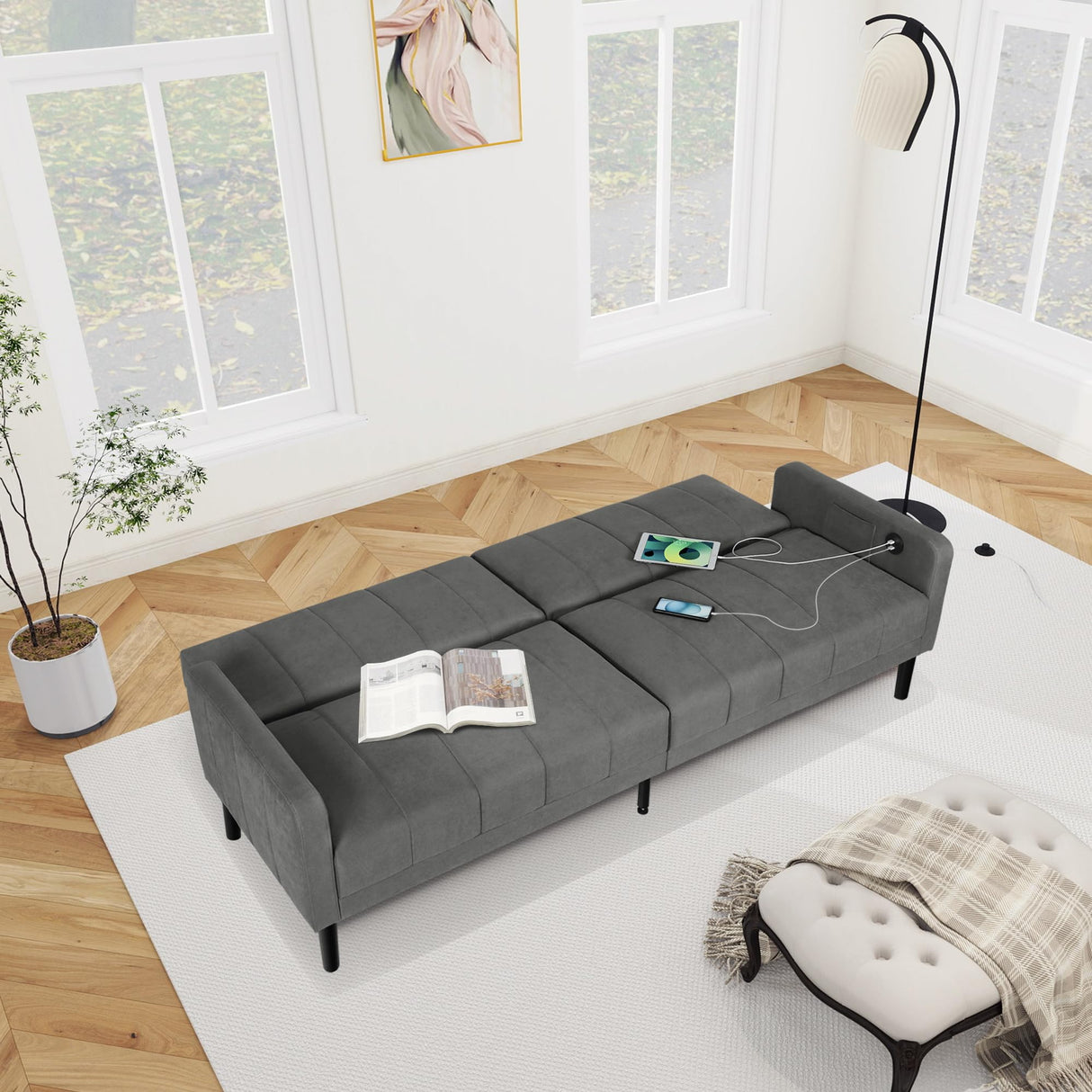 CHYMSUN 82" Convertible Futon Sofa Bed, Comfy Fabric Folding Sleeper Couch Bed w/USB & Adjustable Backrest, 3 in 1 Modern Foldable Recliner Loveseat Futons for Living Room, Apartment, Office (Grey) CHYMSUN