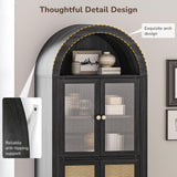BELLEZE Set of 2 Storage Cabinet with Reeded Glass Doors, Arched Bookcase Decorated with Rattan Door, 65 Inch Freestanding Curio Cabinet for Home Living Room and Kitchen, Black BELLEZE