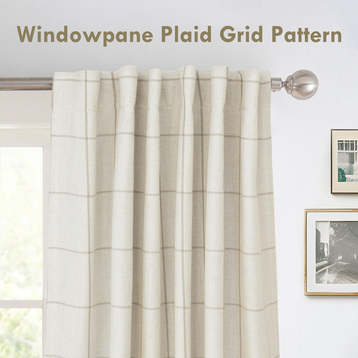 DriftAway 2 Panels 100% Blackout Windowpane Plaid Linen Curtains Double Layer Drapes for Bedroom 84 Inches Long Farmhouse Thermal Insulated 3.25 Inch Rod Pocket Back Tab for Living Room Taupe DriftAway