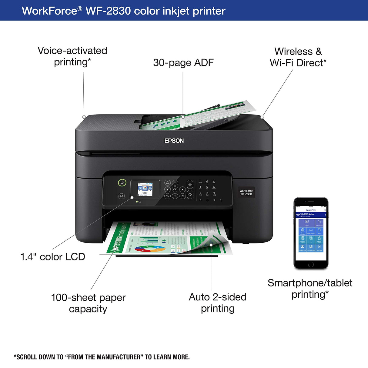 Epson Workforce WF-2830 Wireless Color Inkjet All-in-One Printer, Print Scan Copy and Fax, Automatic 2-Sided Printing, 1. 4" Color LCD, 100-sheet Paper Tray, Wi-Fi Direct Connectivity, Black Epson