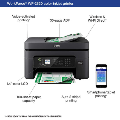 Epson Workforce WF-2830 Wireless Color Inkjet All-in-One Printer, Print Scan Copy and Fax, Automatic 2-Sided Printing, 1. 4" Color LCD, 100-sheet Paper Tray, Wi-Fi Direct Connectivity, Black