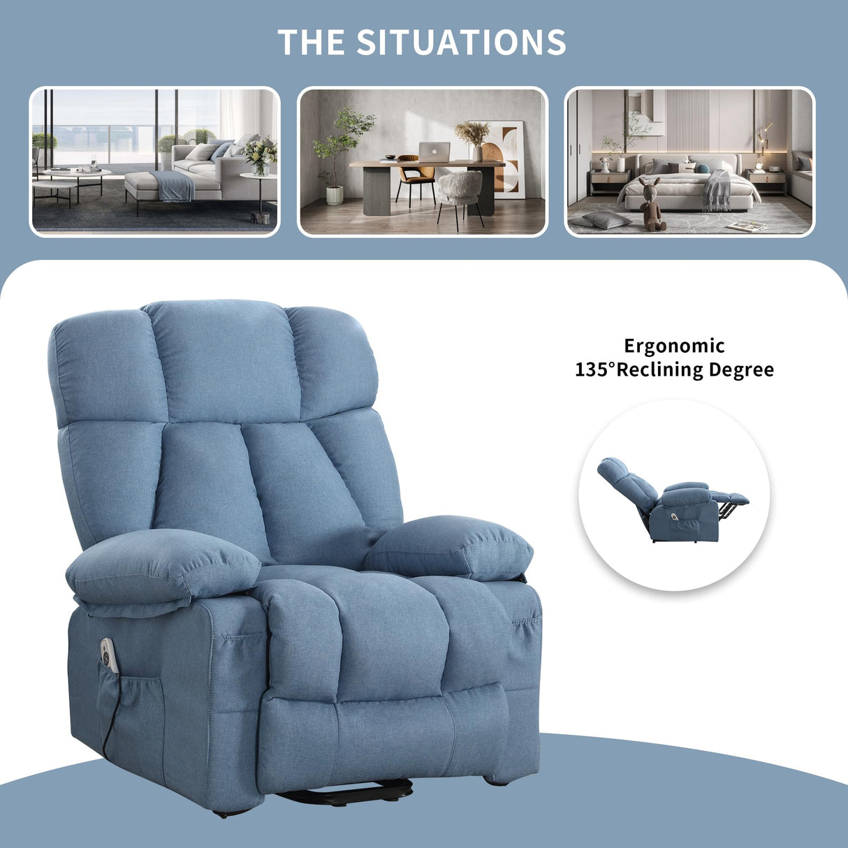jonpony Power Lift Recliner Chair for Elderly, Lift Chair with Massage and Heat for Living Room, Fabric Electric Recliner Chairs with Side Pockets, USB Charge Port, Blue jonpony