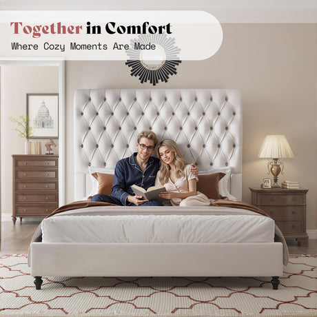 AMERLIFE Queen Size Bed Frame with 60" Tall Wingback Headboard, Velvet Upholstered Platform, Button Tufted Sleigh Design, No Box Spring Needed,Cream AMERLIFE