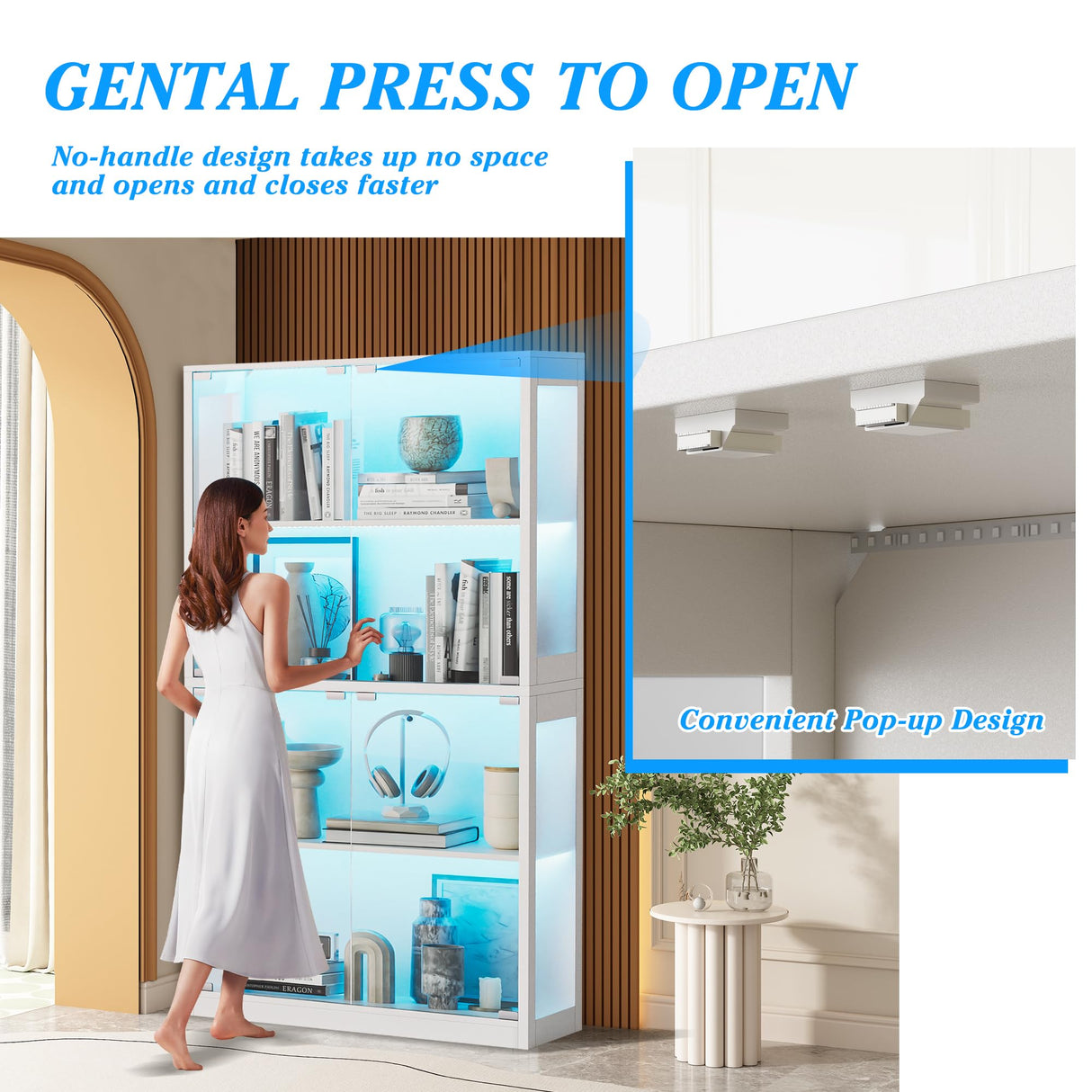 UTOASIS 65" Tall Glass Display Cabinet with Doors, 4-Tier Curio Cabinet for Collectibles with 12 LED Lights, Glass Display Case with 3 Shelves for Toys & Books, Home, Office and Playroom (White) UTOASIS