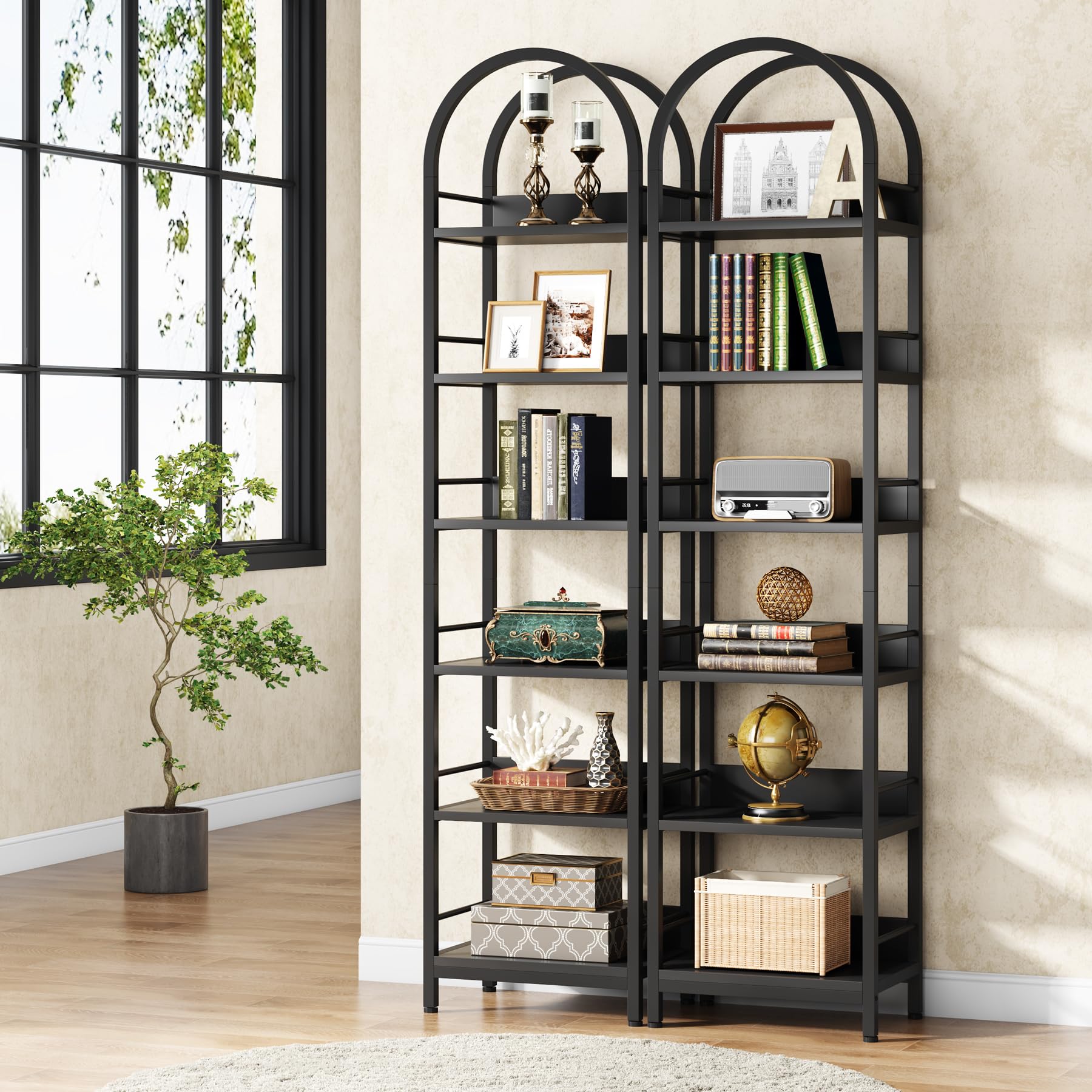 Tribesigns 78.7" Arched Industrial Wood 6-Tier Bookshelf with Metal Frame - Black Storage Organizer - WoodArtSupply