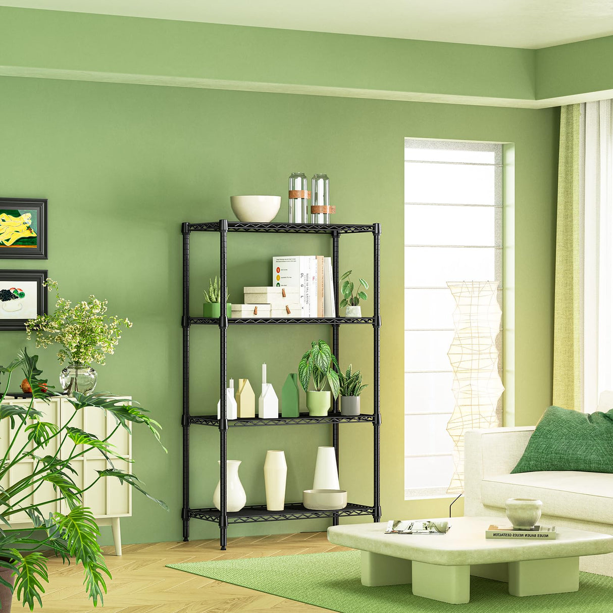 IZEUK 4-Tier Black Metal Storage Shelves, Heavy Duty Adjustable Wire Shelving Rack for Garage, Kitchen, Bathroom, Closet Organizer, 1000 lbs Capacity, 15.7" D x 33.5" W x 59.5" H IZEUK