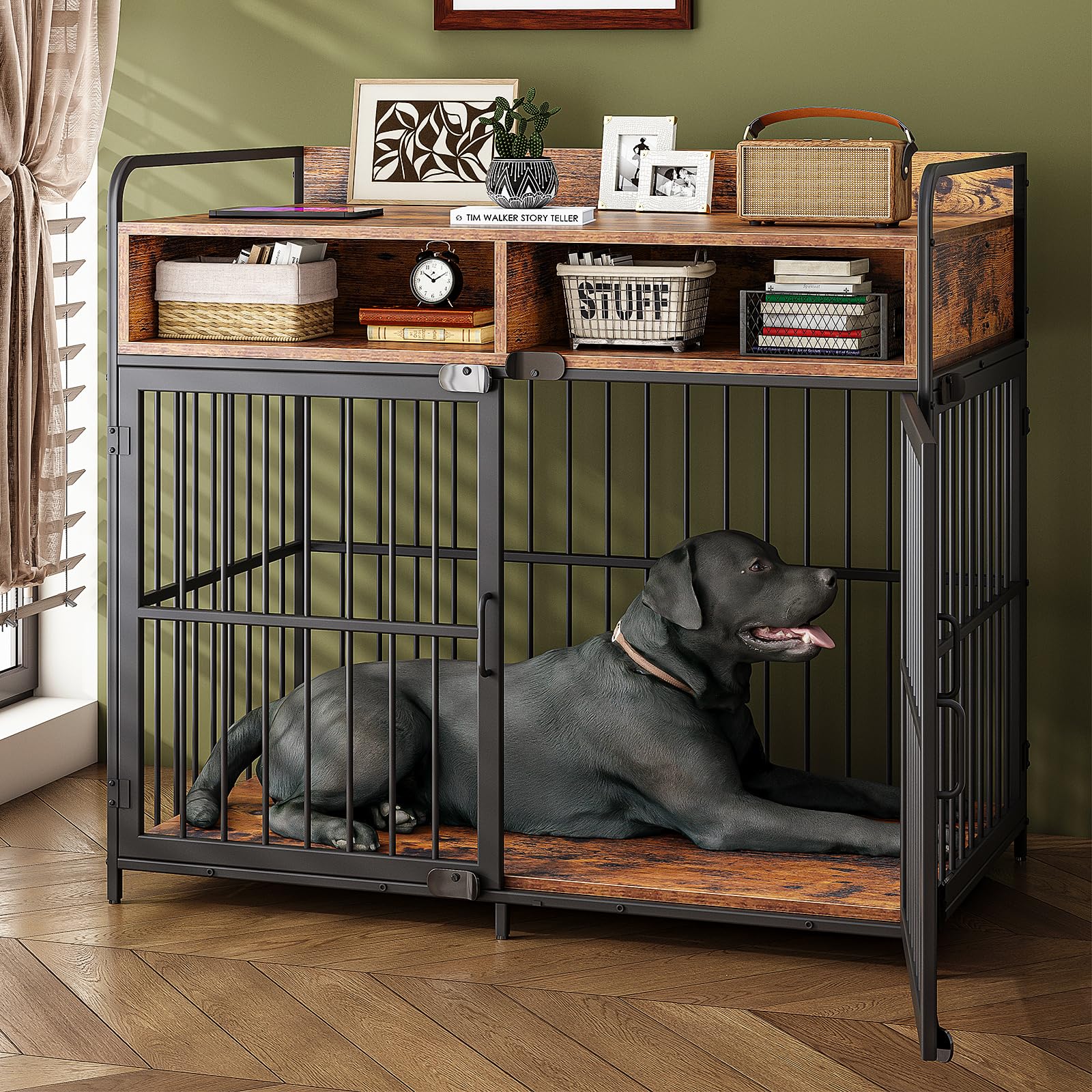 Saudism Large Dog Crate Furniture, Dog Kennel Indoor, Wood Dog Cage Table with Drawers Storage, Heavy Duty Dog Crate, Jaula para Perros, Sturdy Metal, 40.5" L×23.6" W×35.4" H - WoodArtSupply