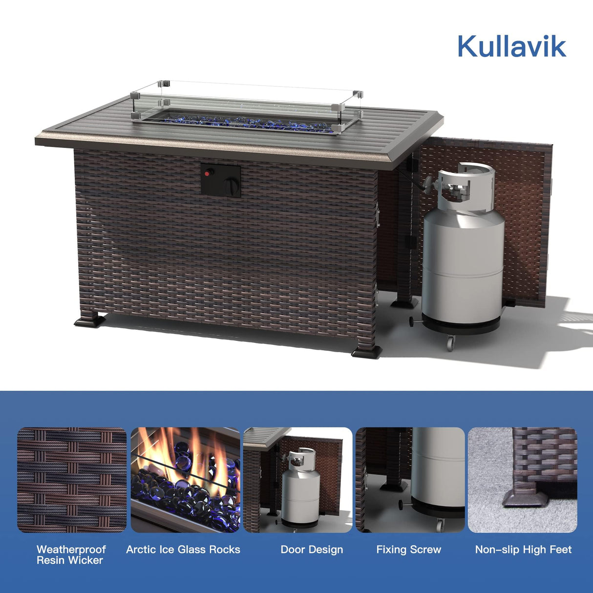 Kullavik 7 Pieces Outdoor Patio Furniture Set with 43" 55000BTU Gas Propane Fire Pit Table PE Wicker Rattan Sectional Sofa Patio Conversation Sets,Khaki Kullavik