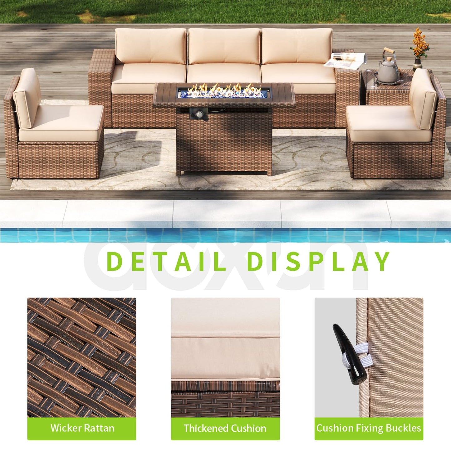 Aoxun 7 Pieces Patio Furniture Set Outdoor Wicker Rattan Furniture 44” Fire Pit Table Outdoor Sectional Sofa Include Waterproof Cover with Thickened Cushions (7 Piece, Beige) - WoodArtSupply