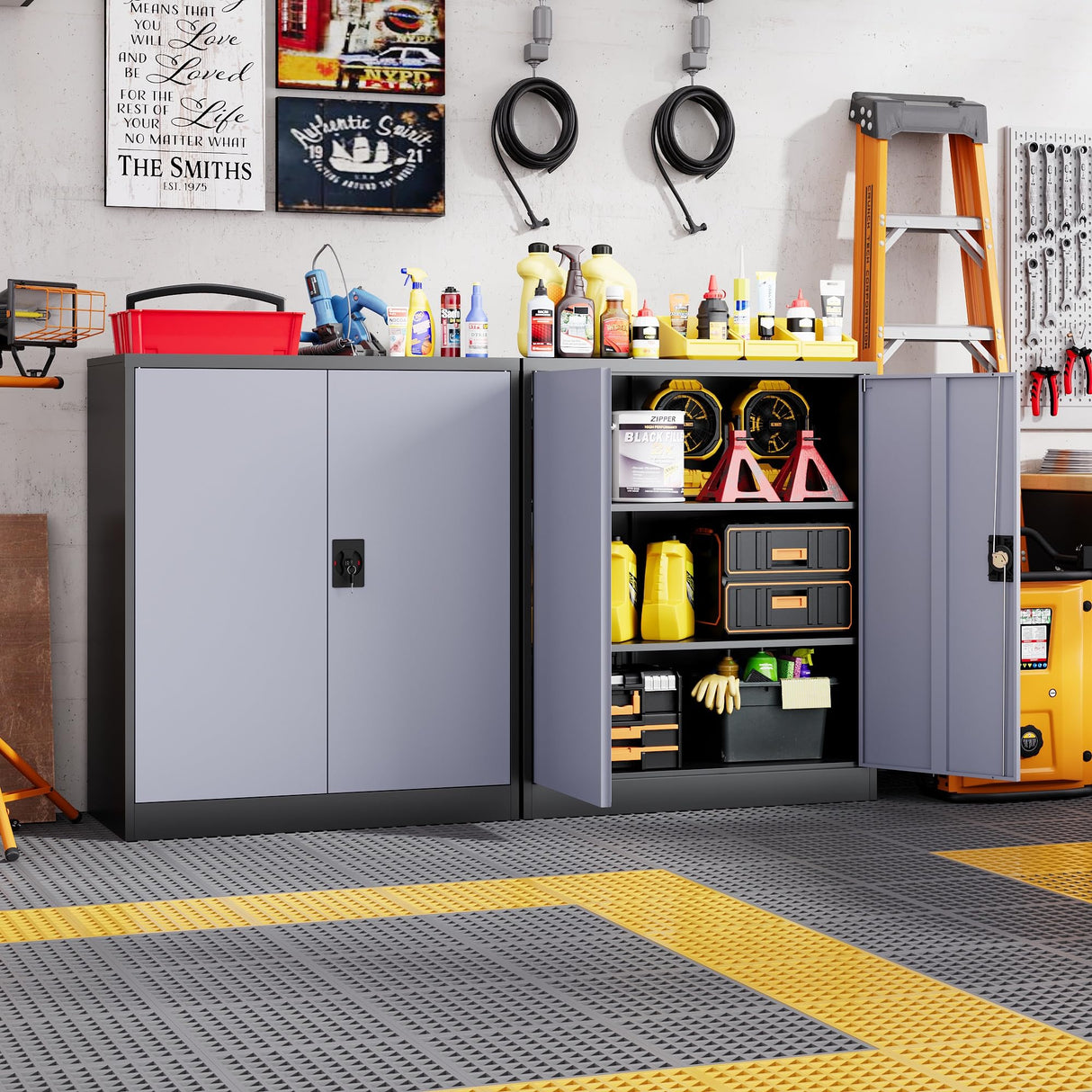 Letaya Metal Storage Cabinets with Lock Door,2 Adjustable Shelves Organizer Steel Storage Cabinets for Home,Office,Warehouse,Garage,Employee Lockers(Black Gray) Letaya