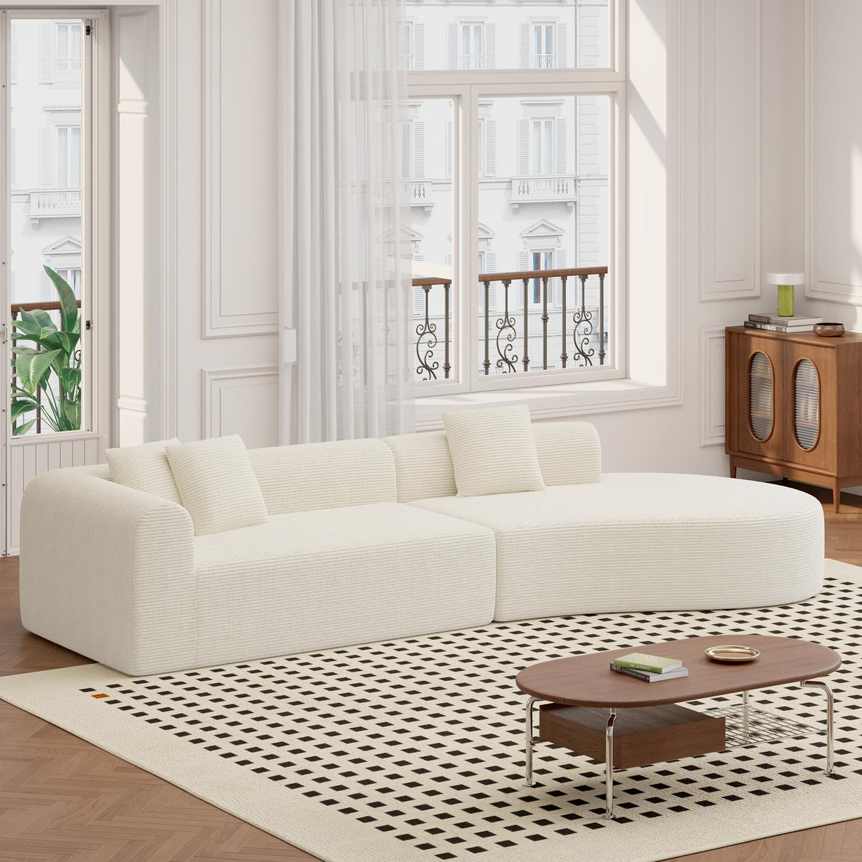 Luxanimarion Modern Style Curved Sofa, Upholstery Corduroy Sofa Couch with 3 Pillows, Oversized Sleek Curved Sectional Boucle Fabric Couch for Living Room White Luxanimarion