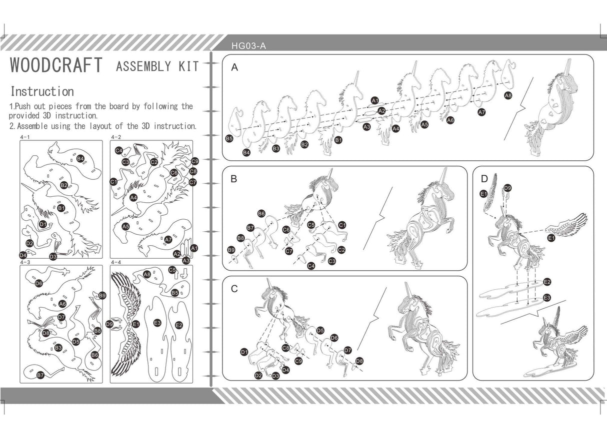 Bitopbi 3D Wooden Puzzles Animal Laser Engraving DIY Safe Assembly Constructor Kit Toy for Teens and Adults Unicorn Mechanical 3-D Models for Self-Assembly (D3 Unicorn) Bitopbi