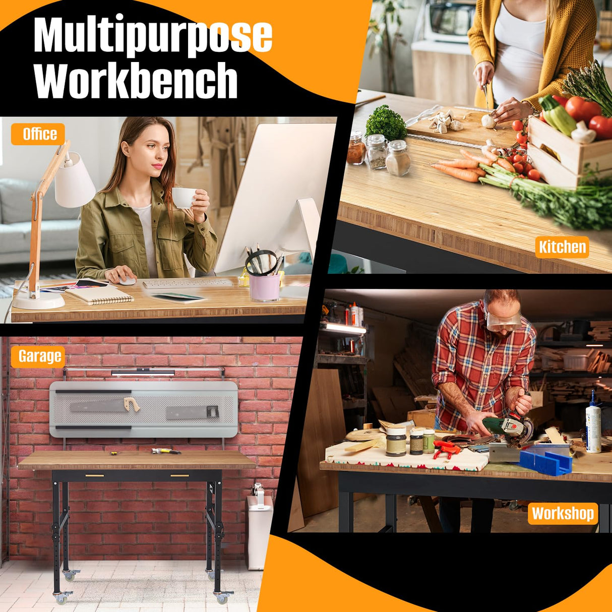 60" Adjustable Work Bench with Drawer Storage, Power Outlet, and Wheels - Heavy Duty Work Table for Home, Garage, and Office - Sturdy Steel Frame with Solid Bamboo Table Top - 2700 lbs Capacity HONRISE