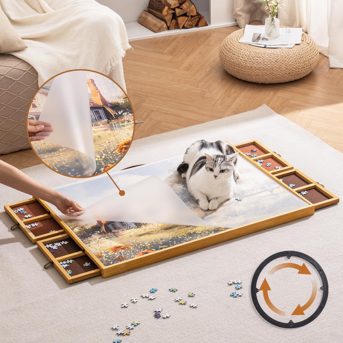 ROBOTIME Wooden Puzzle Board, 1500 Piece Rotating Jigsaw Puzzle Board with 4 Drawers, Felt and Cover, 35" x 26" Wood Puzzle Board with Lazy Susan for Adults and Kids, Puzzle Accessories